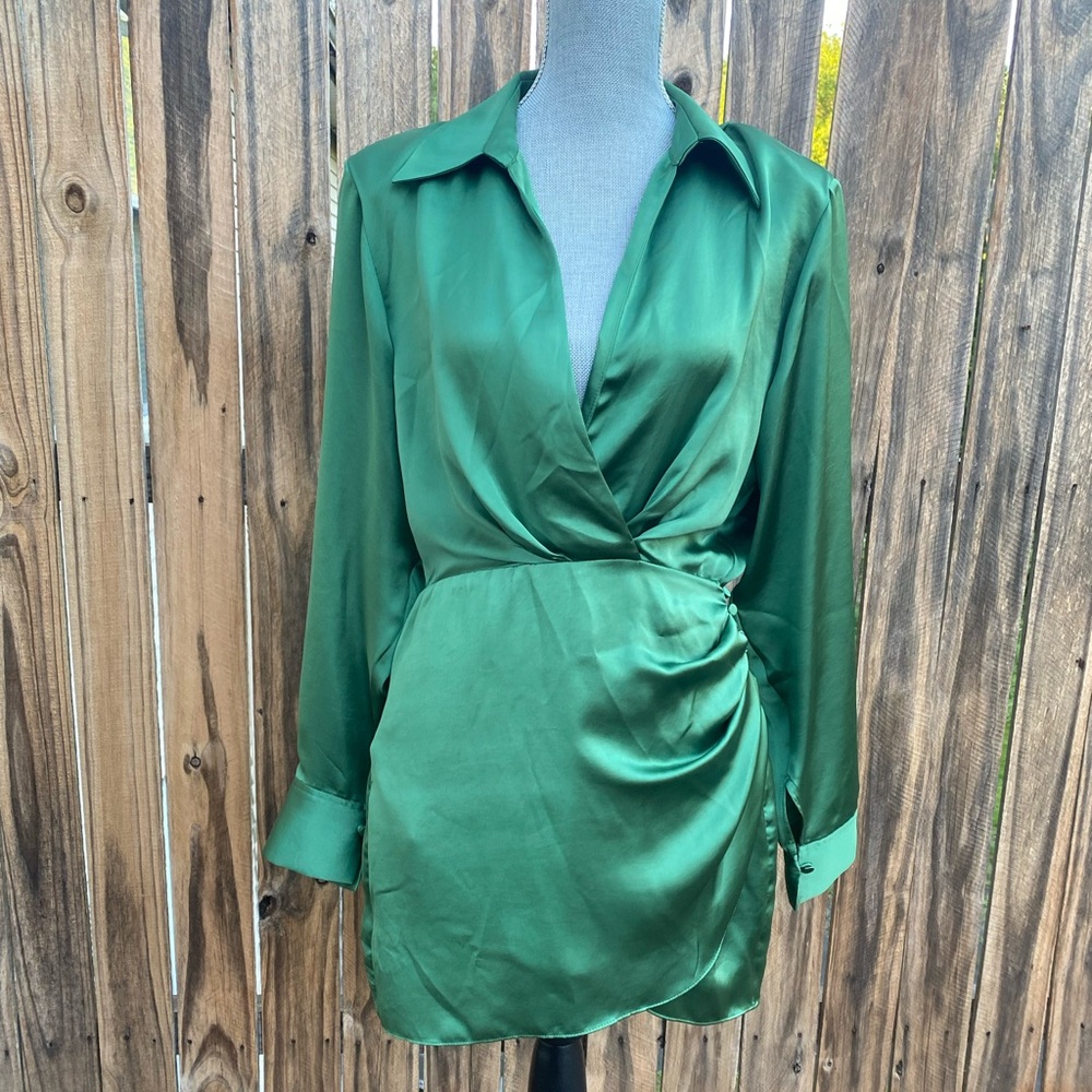 Zara green long sleeve collared mini dress size M NEW